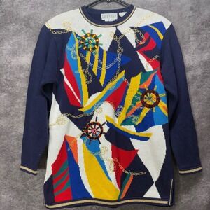 VTG 80s Shannan Nautical Sailboat Sweater Women's S Colorful Embroidered Ship